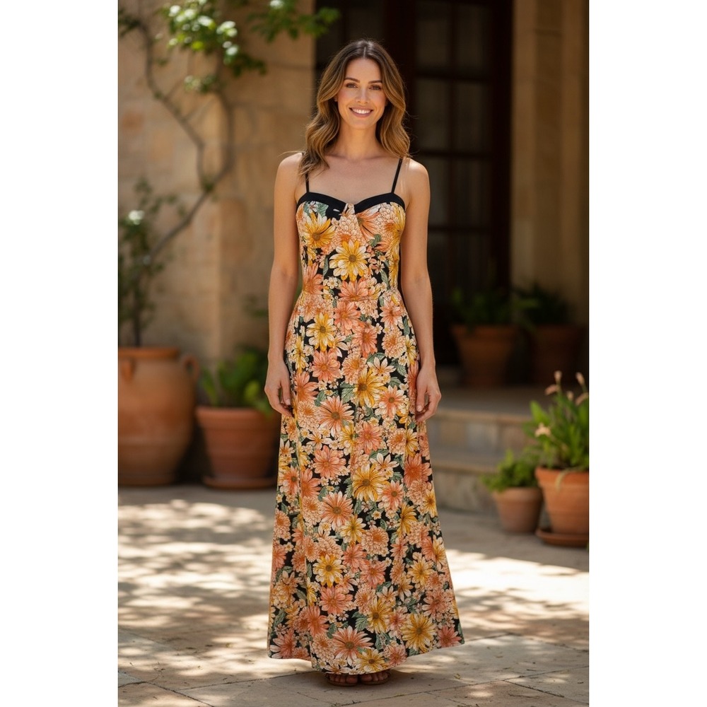 BOG Collective Floral Maxi Dress Size Medium Black‎ Orange Yellow Pink